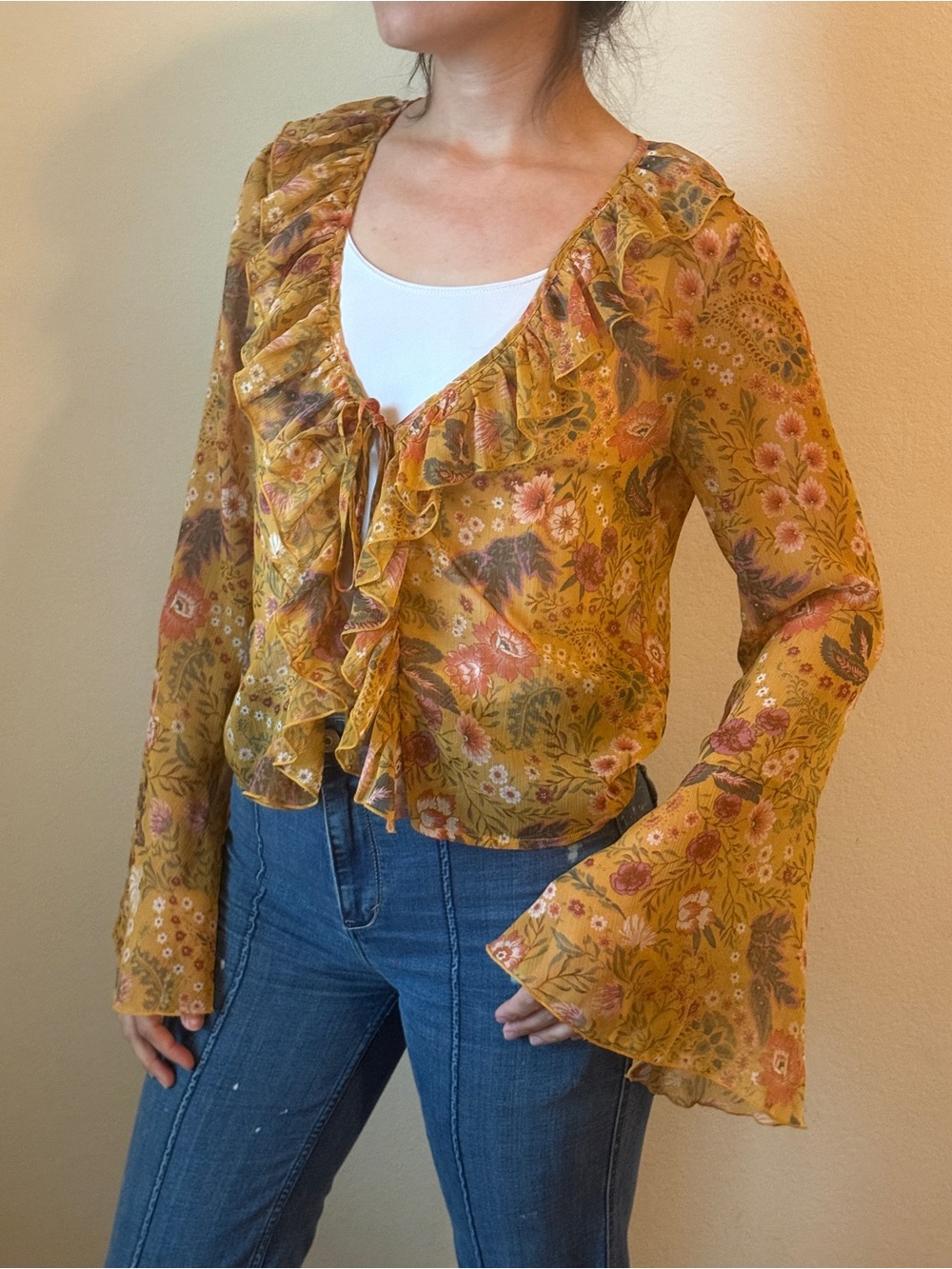 Forever 21 Mustard Floral Ruffle Tie-Front Blouse Cardigan with Butterfly Sleeve